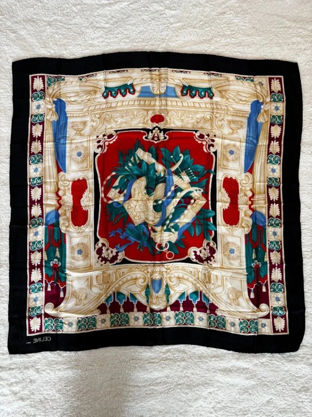 Celine Vintage Black Silk Scarf Ancient Theater Lyre Pattern Large Square